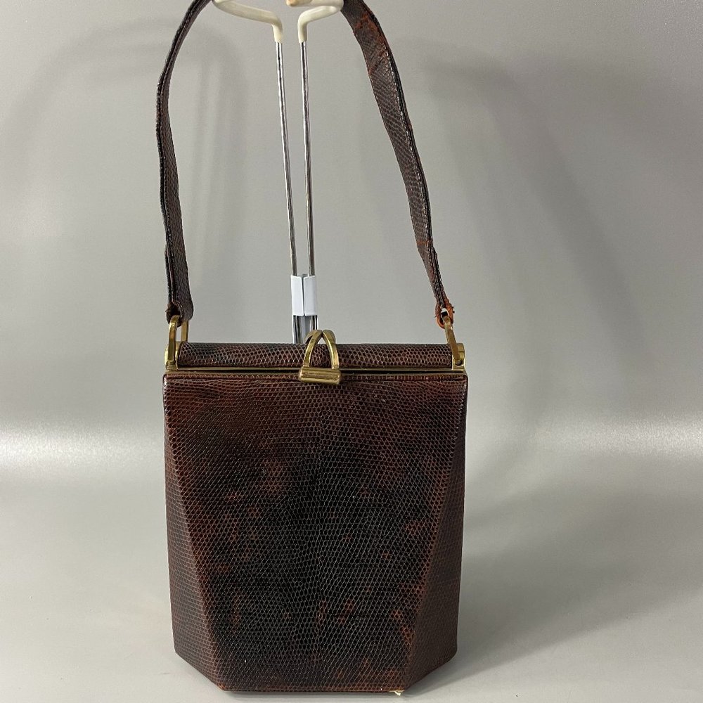 Exquisite Vintage Waldybag Made in England Lizard Skin Octangle Handbag, Brown
